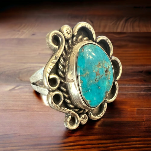 Turquoise ring - gorgeous cabochon on hand stamped sterling - Hallmark RJ - size 7