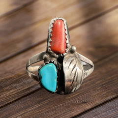 Turquoise and coral ring - Turquoise and coral sterling leaf - size 10.5