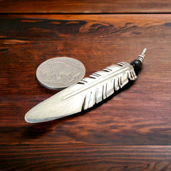Feather pendant - Vintage long sterling silver feather pendant with onyx