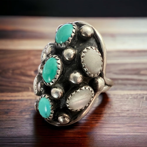 Turquoise and mother of pearl Cluster Ring - Size 7 - Navajo J. Royal stamped
