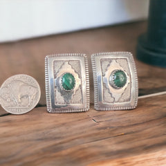 'Concho earrings - Native style concho and malachite stamped post earrings