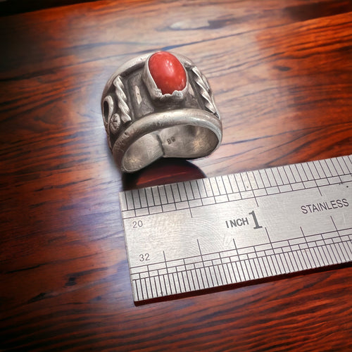 Coral ring - Coral wide band ring - size 5 - sterling silver