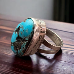 Large turquoise nugget and stamped bezel ring - Size 8