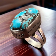 Large turquoise nugget and stamped bezel ring - Size 8