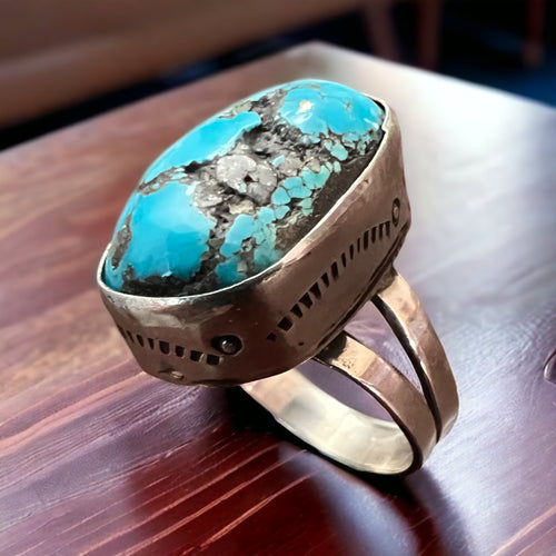 Large turquoise nugget and stamped bezel ring - Size 8