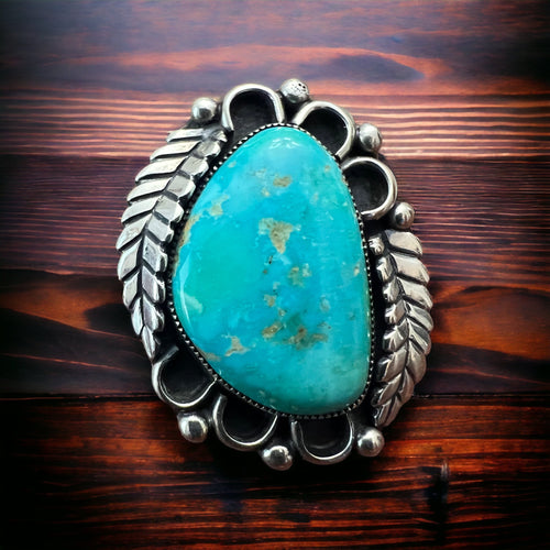Vintage signed Navajo sterling silver and turquoise with leaf