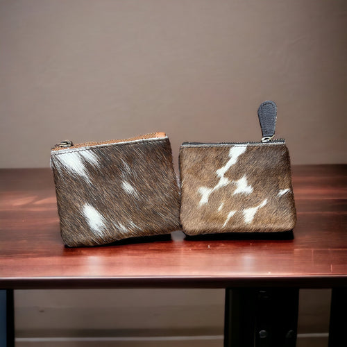 Cowhide coin pouch - brown and white
