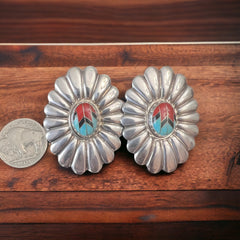 Turquoise and coral inlay on sterling concho post earring