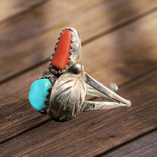 Turquoise and coral ring - Turquoise and coral sterling leaf - size 10.5