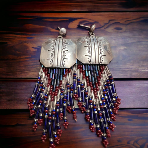 Concho earrings - Beaded dangle sterling concho post earrings
