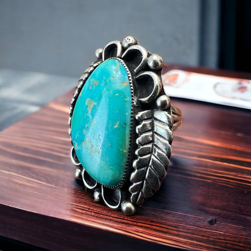 Vintage signed Navajo sterling silver and turquoise with leaf