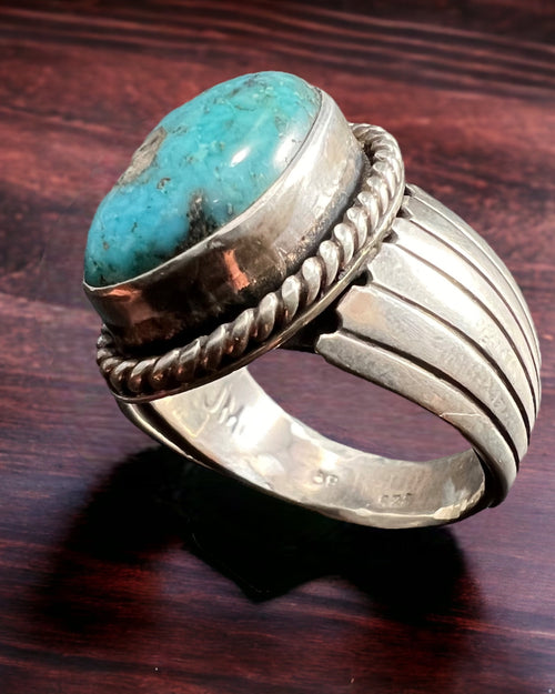 Turquoise ring - gorgeous big cabochon on wide starburst sterling band - JM Hallmark -Size 8.5