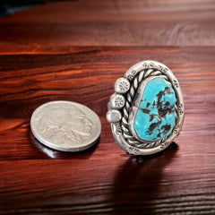 Turquoise ring - Large turquoise nugget on hand stamped sterling silver - Size 6 - Hallmark B. Chapo