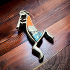 Kokopelli inlay brooch - signed by artist - Cowhide and Conchos