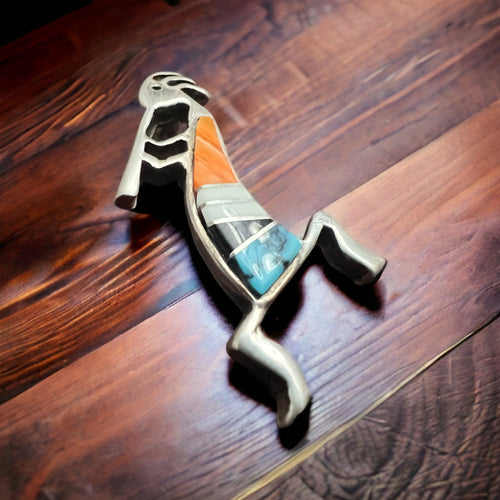 Kokopelli inlay brooch - signed by artist - Cowhide and Conchos