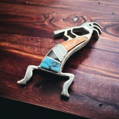 Kokopelli inlay brooch - signed by artist - Cowhide and Conchos