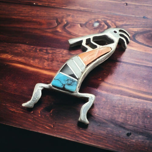 Kokopelli inlay brooch - signed by artist - Cowhide and Conchos
