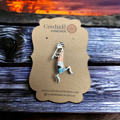 Kokopelli inlay brooch - signed by artist - Cowhide and Conchos