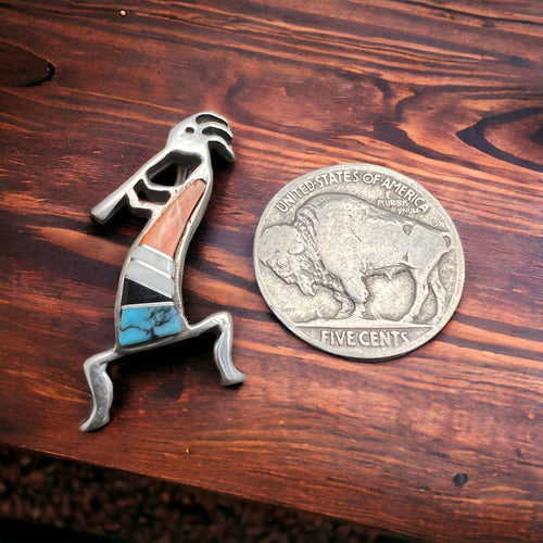 Kokopelli inlay brooch - signed by artist - Cowhide and Conchos