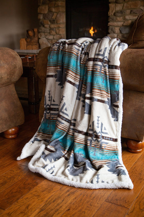 Lone Mountain Sherpa Throw Blanket - Cowhide and Conchos