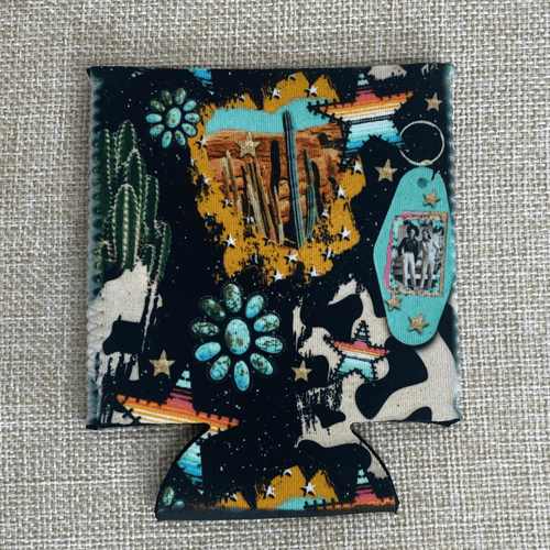 No Fringe Regular Turquoise and Cactus Koozie - Cowhide and Conchos
