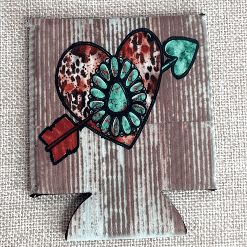 No Fringe Regular Turquoise Stone Heart Koozie - Cowhide and Conchos