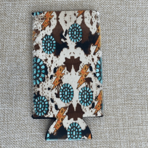 No Fringe Slim Cowprint Turquoise Stone & Bolts Koozie - Cowhide and Conchos