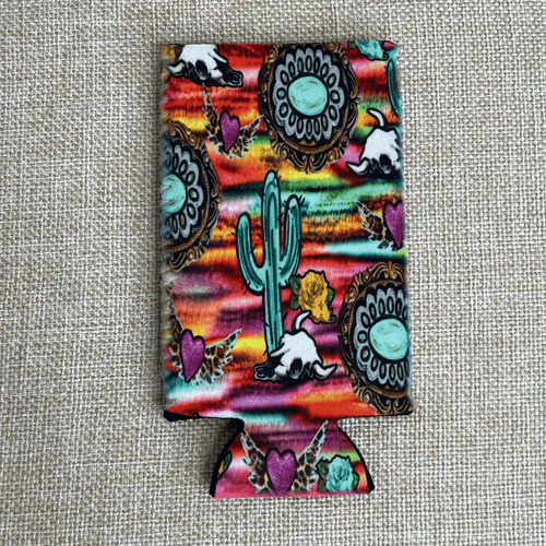 No Fringe Slim Watercolor Western Things Koozie - Cowhide and Conchos