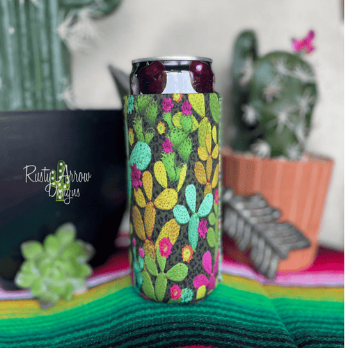 No Fringe Slim Yellow and Turquoise Cactus Koozie - Cowhide and Conchos