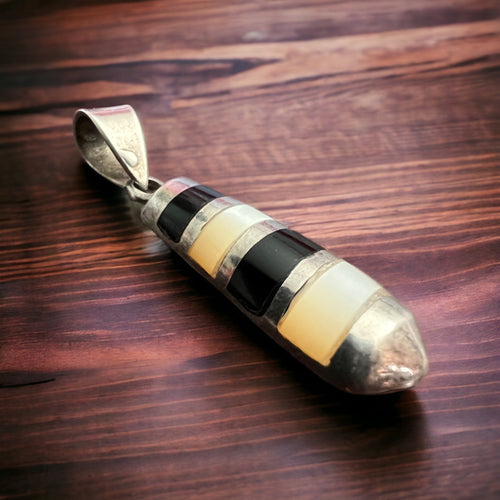 Onyx pendant - Onyx and mother of pearl inlay pendant - Cowhide and Conchos