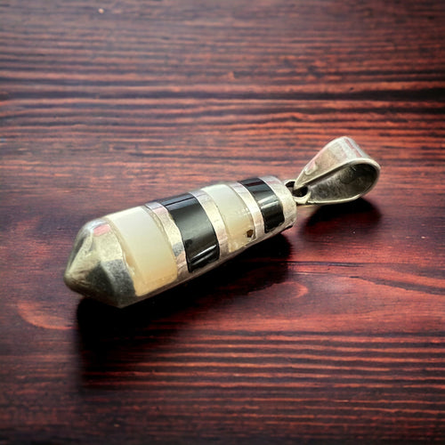 Onyx pendant - Onyx and mother of pearl inlay pendant - Cowhide and Conchos