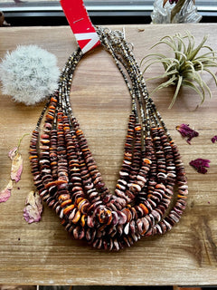 Purple and orange spiny oyster necklace - 22 inch - Cowhide and Conchos