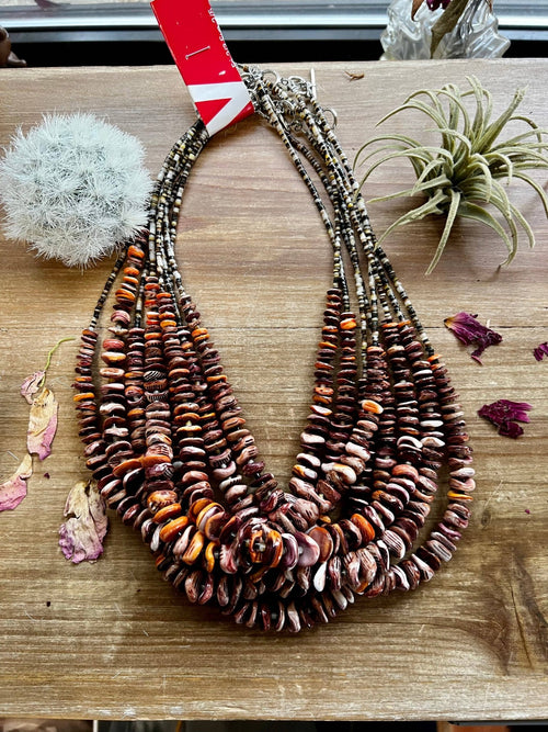 Purple and orange spiny oyster necklace - 22 inch - Cowhide and Conchos