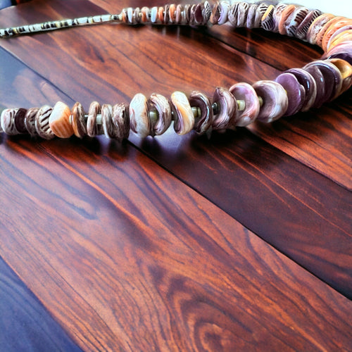 Purple and orange spiny oyster necklace - 22 inch - Cowhide and Conchos