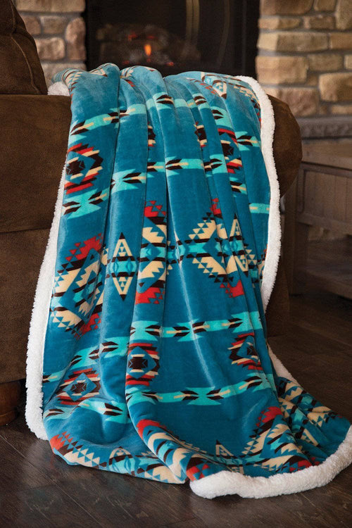 Southwestern Aztec Turquoise Plush Fur Sherpa Borrego Fleece Throw Blanket - Cowhide and Conchos