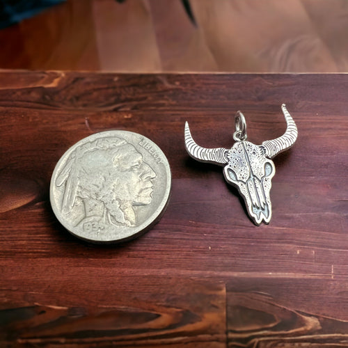 Sterling cow skull charm/pendant - Cowhide and Conchos