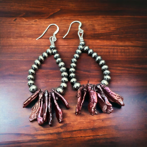 Sterling Silver Pearl Earrings With Purple Shell - Cowhide and Conchos