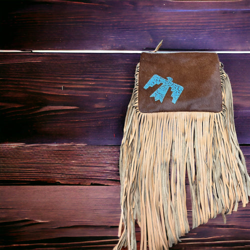 Thunderbird Cowhide Crossbody - Tooled Leather Cowhide Clutch - Cowhide and Conchos