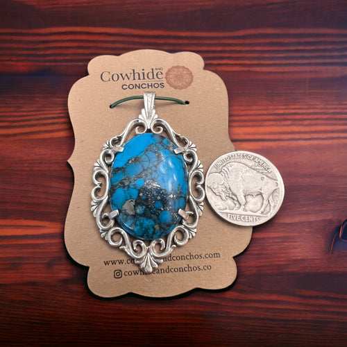 Turquoise pendant - gorgeous turquoise cabochon on cast sterling base - Cowhide and Conchos