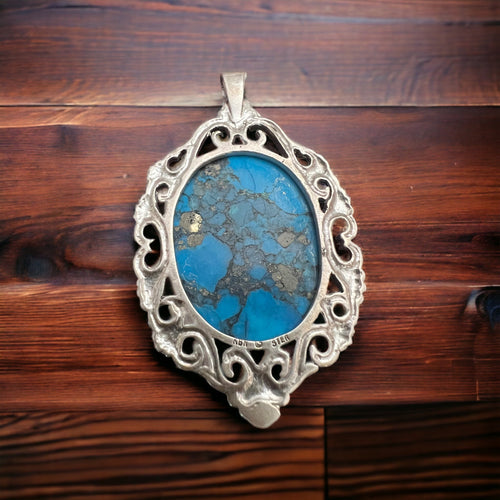 Turquoise pendant - gorgeous turquoise cabochon on cast sterling base - Cowhide and Conchos