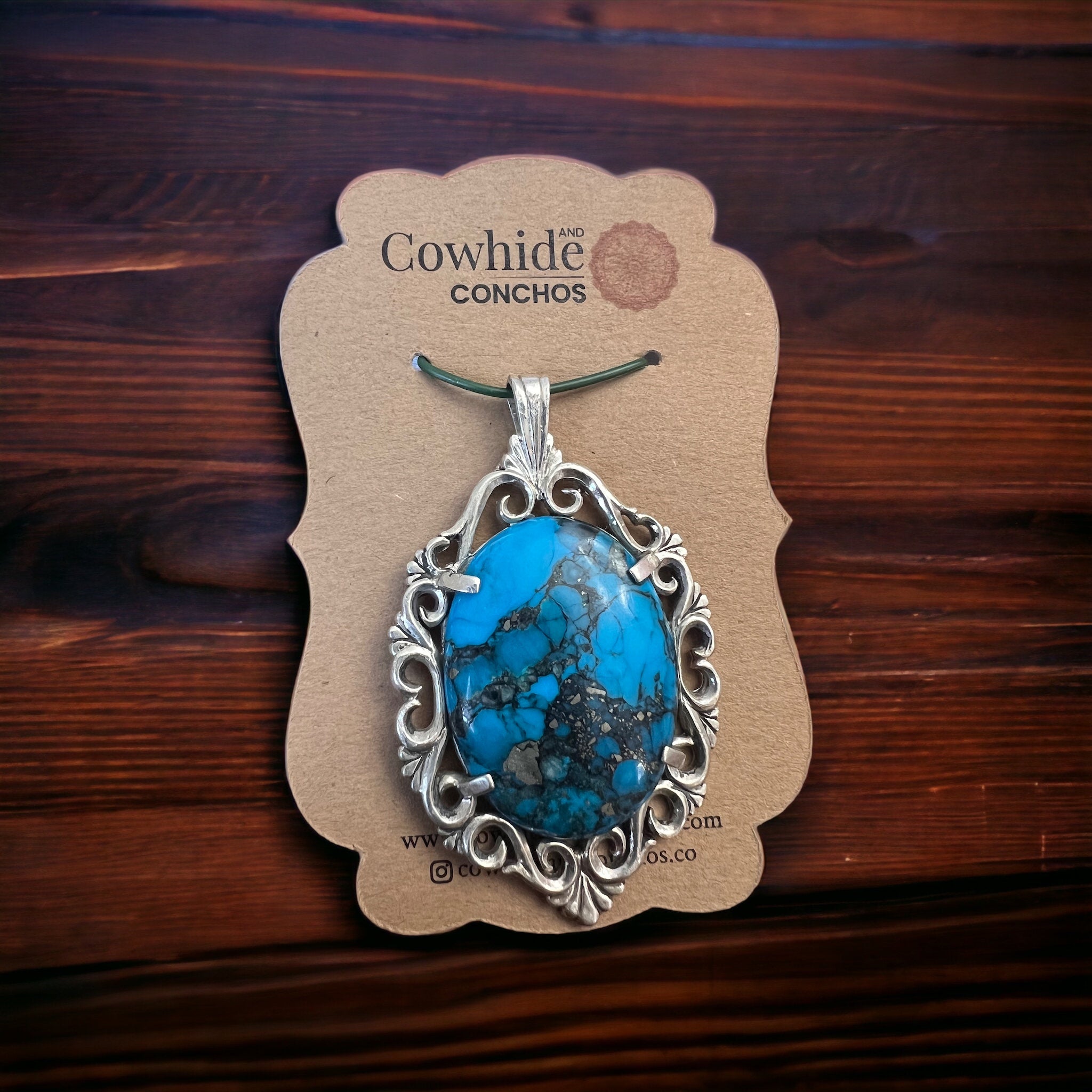Turquoise pendant - gorgeous turquoise cabochon on cast sterling base - Cowhide and Conchos