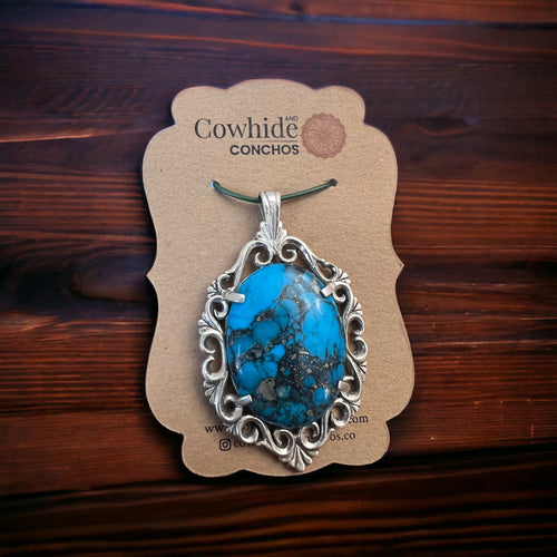 Turquoise pendant - gorgeous turquoise cabochon on cast sterling base - Cowhide and Conchos
