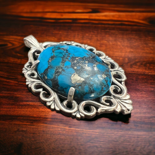 Turquoise pendant - gorgeous turquoise cabochon on cast sterling base - Cowhide and Conchos