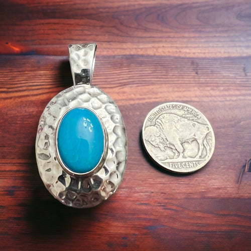 Turquoise pendant - Textured turquoise pendant set on sterling silver - Cowhide and Conchos