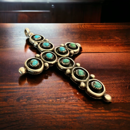 Turquoise pendant - Turquoise snake eye cross pendant - Cowhide and Conchos