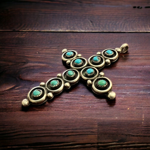 Turquoise pendant - Turquoise snake eye cross pendant - Cowhide and Conchos