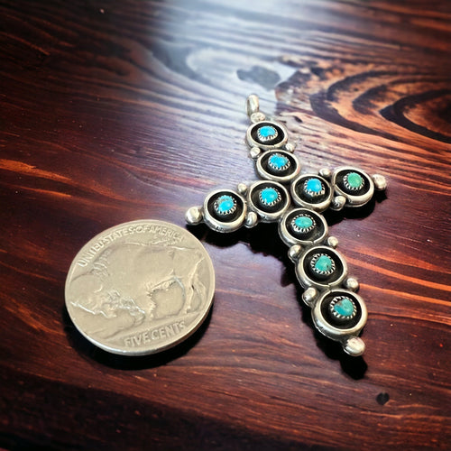 Turquoise pendant - Turquoise snake eye cross pendant - Cowhide and Conchos
