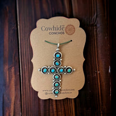 Turquoise pendant - Turquoise snake eye cross pendant - Cowhide and Conchos