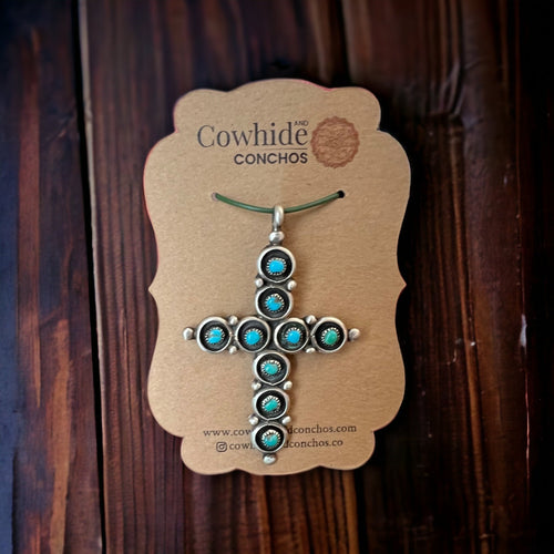 Turquoise pendant - Turquoise snake eye cross pendant - Cowhide and Conchos