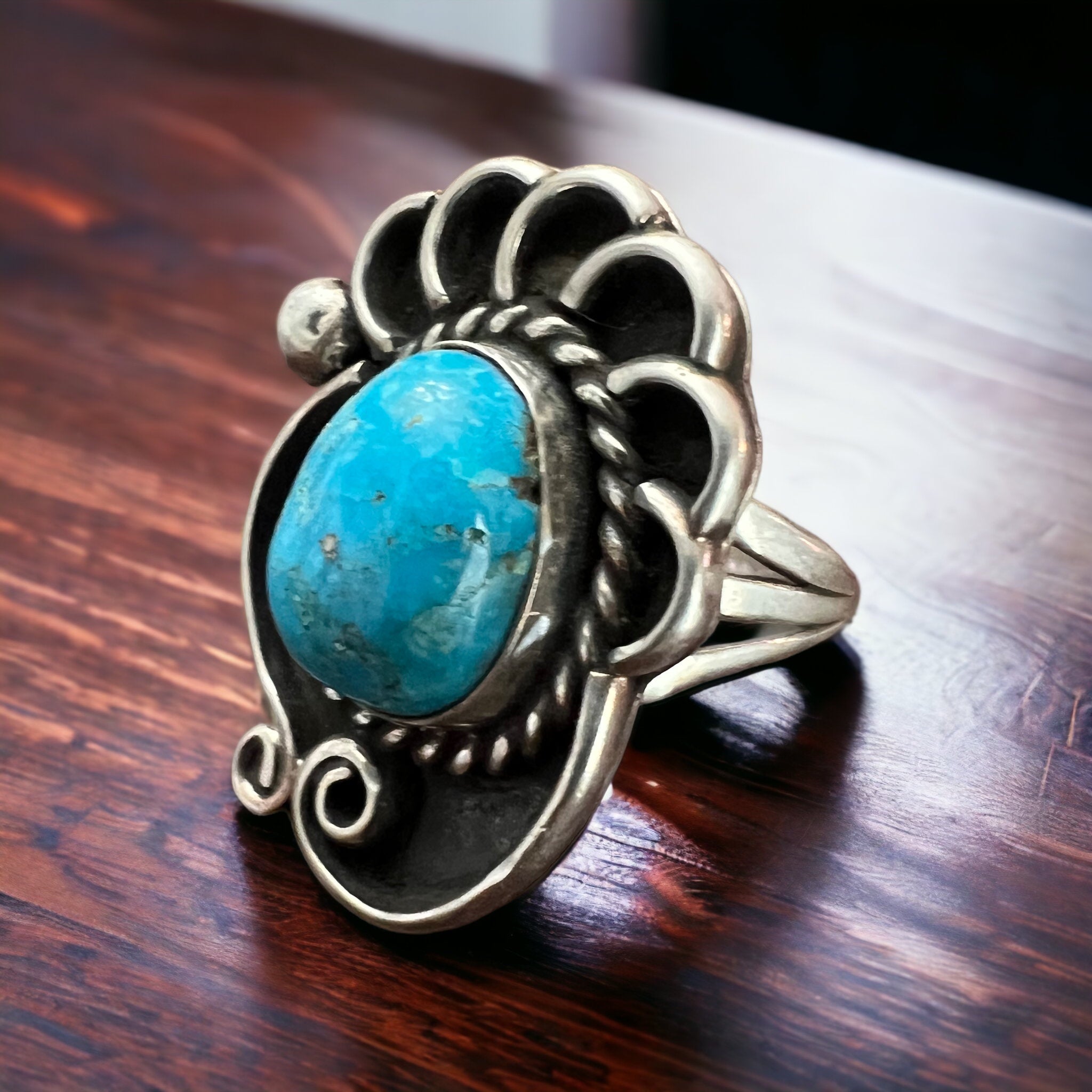 Turquoise ring - beautiful large cabochon on shadow box style base - Size 6 - Cowhide and Conchos